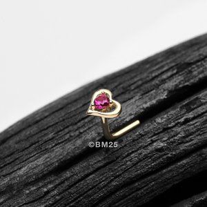 14 Karat Gold Hollow Heart Sparkle L-Shaped Nose Ring - Red Gem